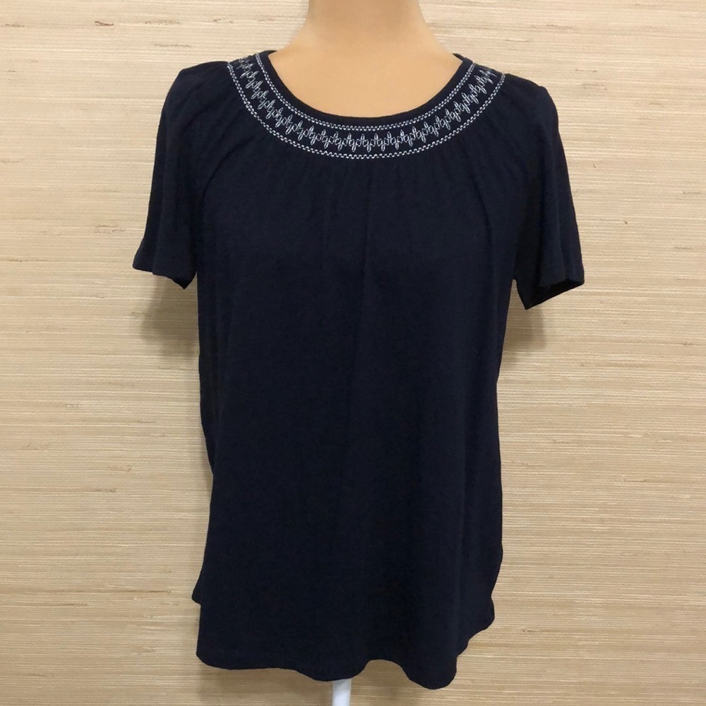 Talbots Dark Navy Embroidered Women's 100% Cotton Short Sleeve Top Medium
